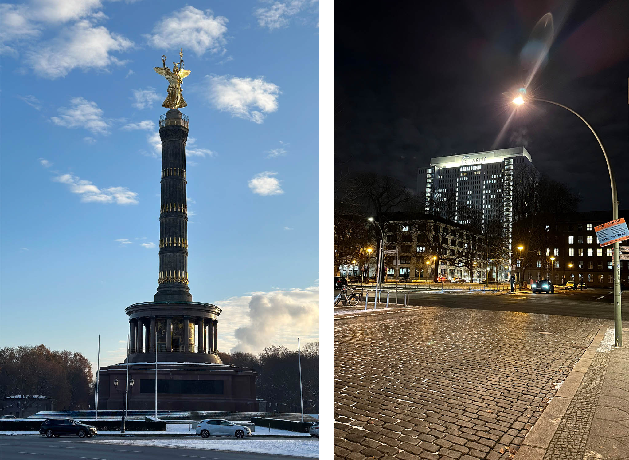 Links die Siegesäule (Goldelse) und rechts die Charité gegenüber dem Adina-Hotel in Berlin